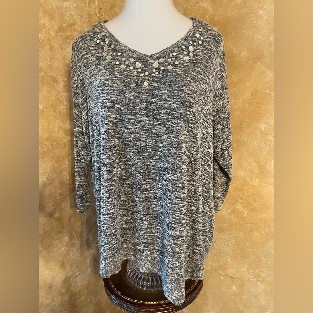 Westport Gray Oversized Embellished 3/4 Sleeve Blouse